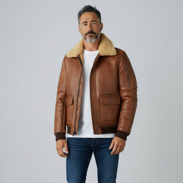 Mens Classic Flight Bomber Genuine Lambskin Leather Fur Lined Jacket