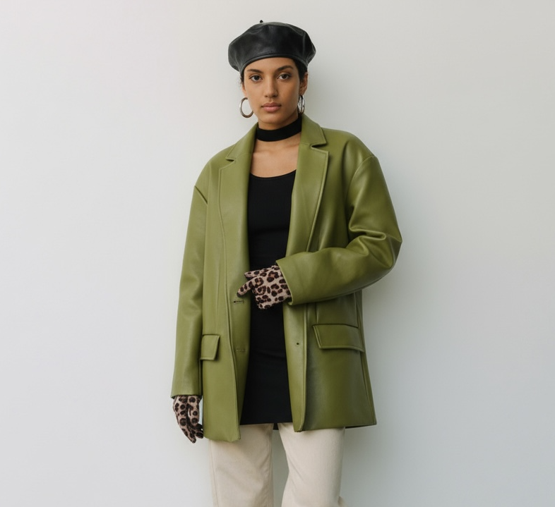 Serena Women 2 Button Green Leather Coat