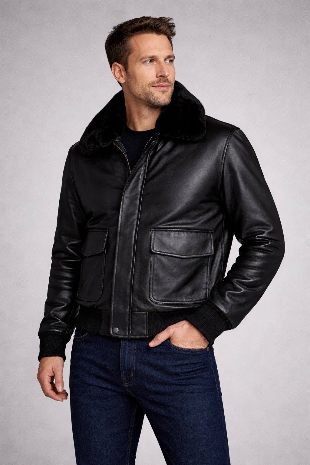 Mens Sky Flight Bomber Genuine Lambskin Leather Fur Collar Cotton Checked Lined Jacket