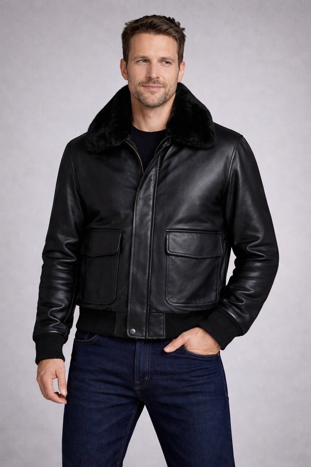 Mens Sky Flight Bomber Genuine Lambskin Leather Fur Collar Cotton Checked Lined Jacket