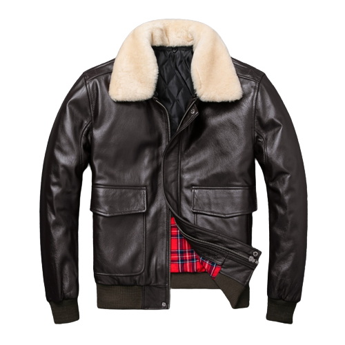 Mens Sky Flight Bomber Genuine Lambskin Leather Fur Collar Cotton Checked Lined Jacket
