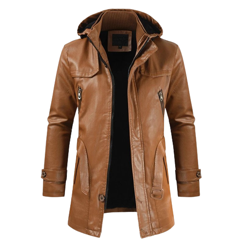 Mens Aero Front Button and Zippered Hooded Leather Coat