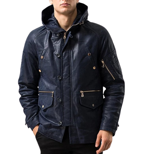 Mens Admiral Front Button Navy Blue Hooded Leather Coat
