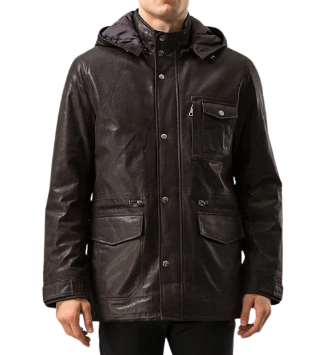 Mens Tahoe Front Button Choco Brown Hooded Leather Coat
