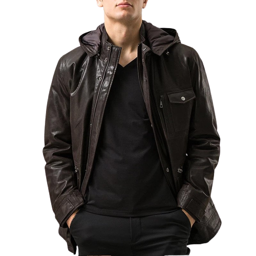 Mens Tahoe Front Button Choco Brown Hooded Leather Coat