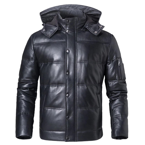 Mens Arctic Genuine Hooded Lambskin Leather Puffer Jacket