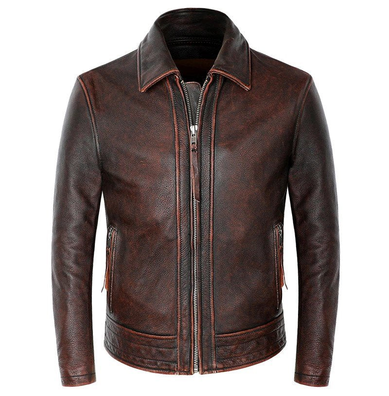 Mens Rex Front Side Pocket Red Brown Genuine Lambskin Leather Jacket