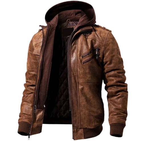 Mens Valiant Genuine Lambskin Leather Distressed Hooded Bomber Jacket