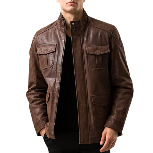 Mens Ranger Front Pocket Brown Genuine Cow Leather Jacket