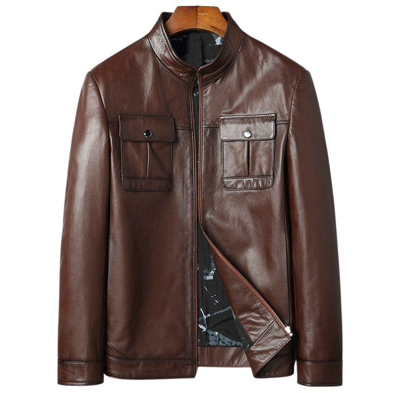 Mens Polished Front Pocket Genuine Lambskin Leather Jacket