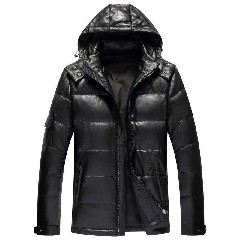 Mens Everest Genuine Hooded Lambskin Leather Puffer Jacket