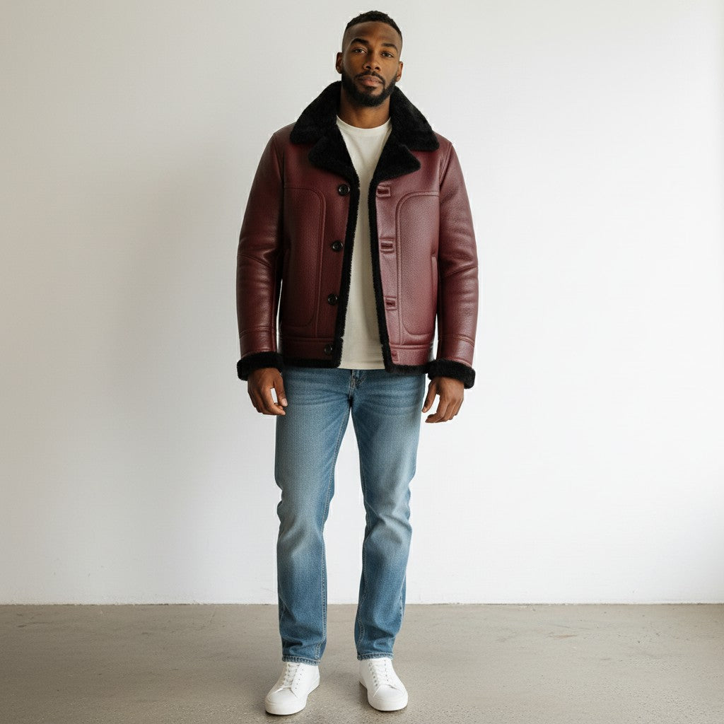 Mens Chief Genuine Lambskin Leather Fur Lined Jacket