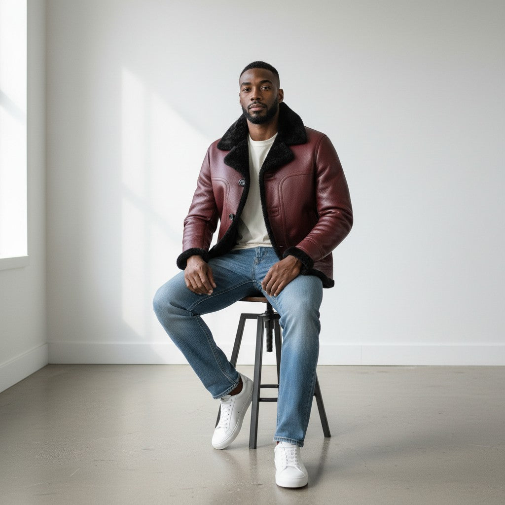 Mens Chief Genuine Lambskin Leather Fur Lined Jacket