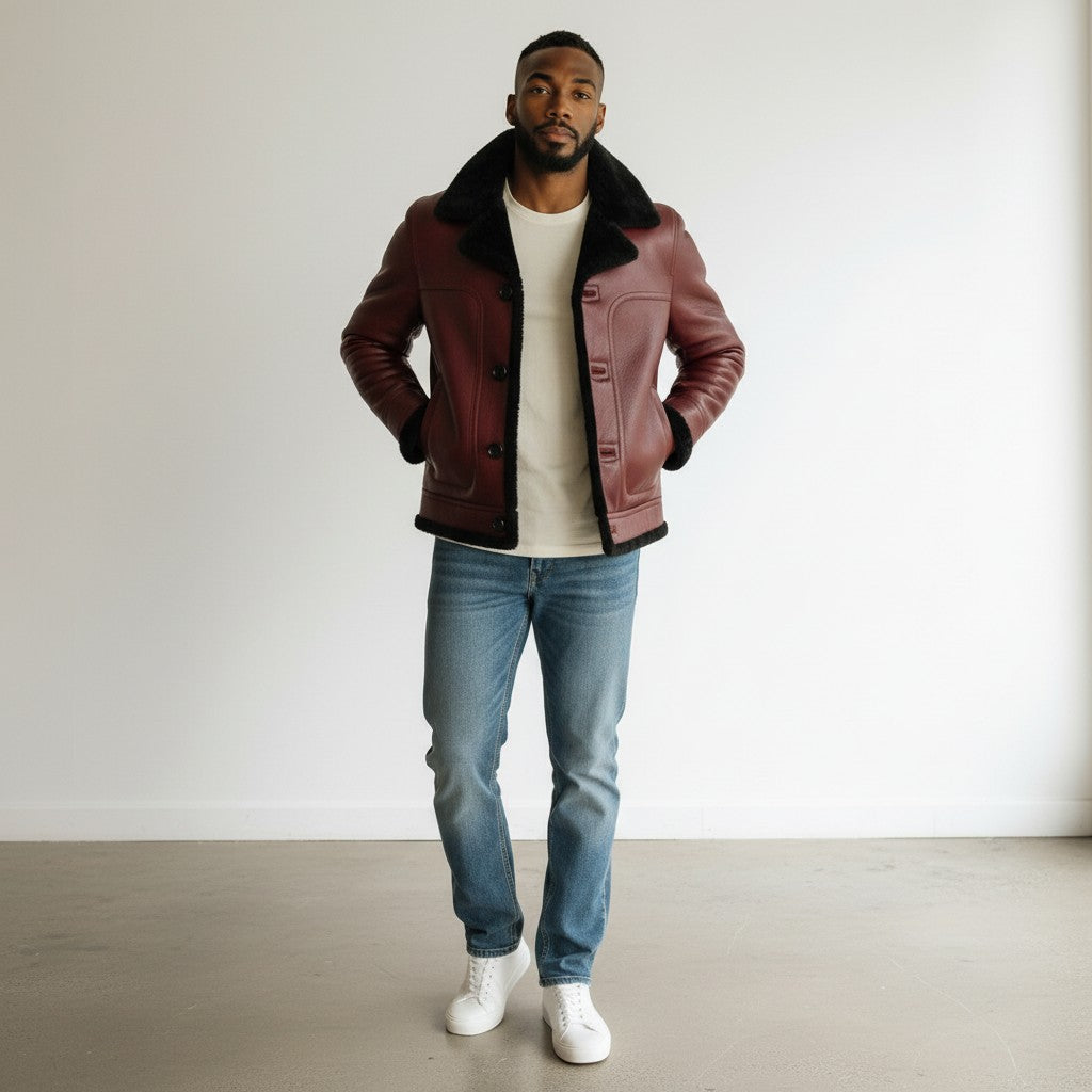 Mens Chief Genuine Lambskin Leather Fur Lined Jacket