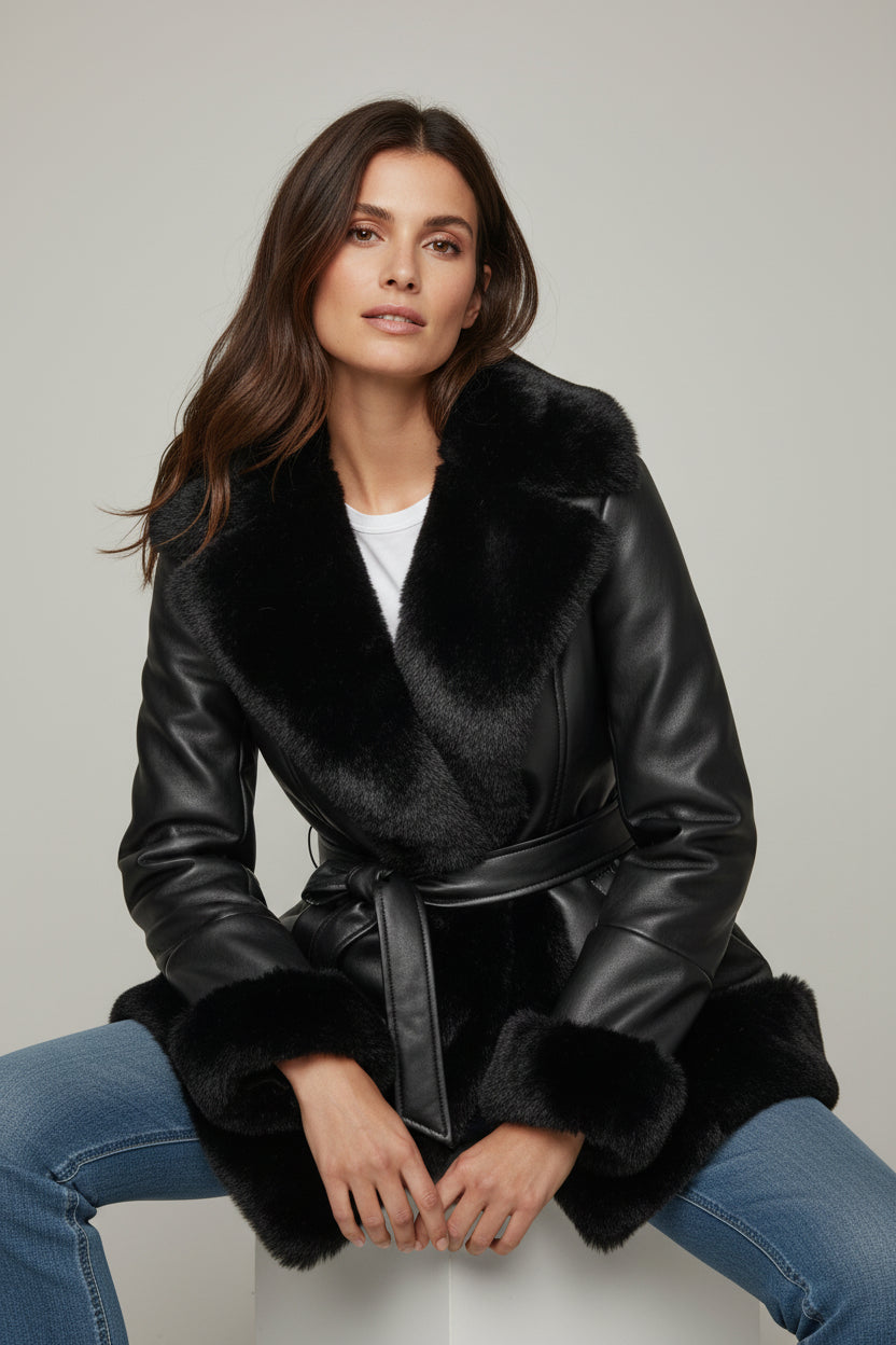 Women Black Peplum Cropped Lambskin Leather Jacket Coat with Fur Trim