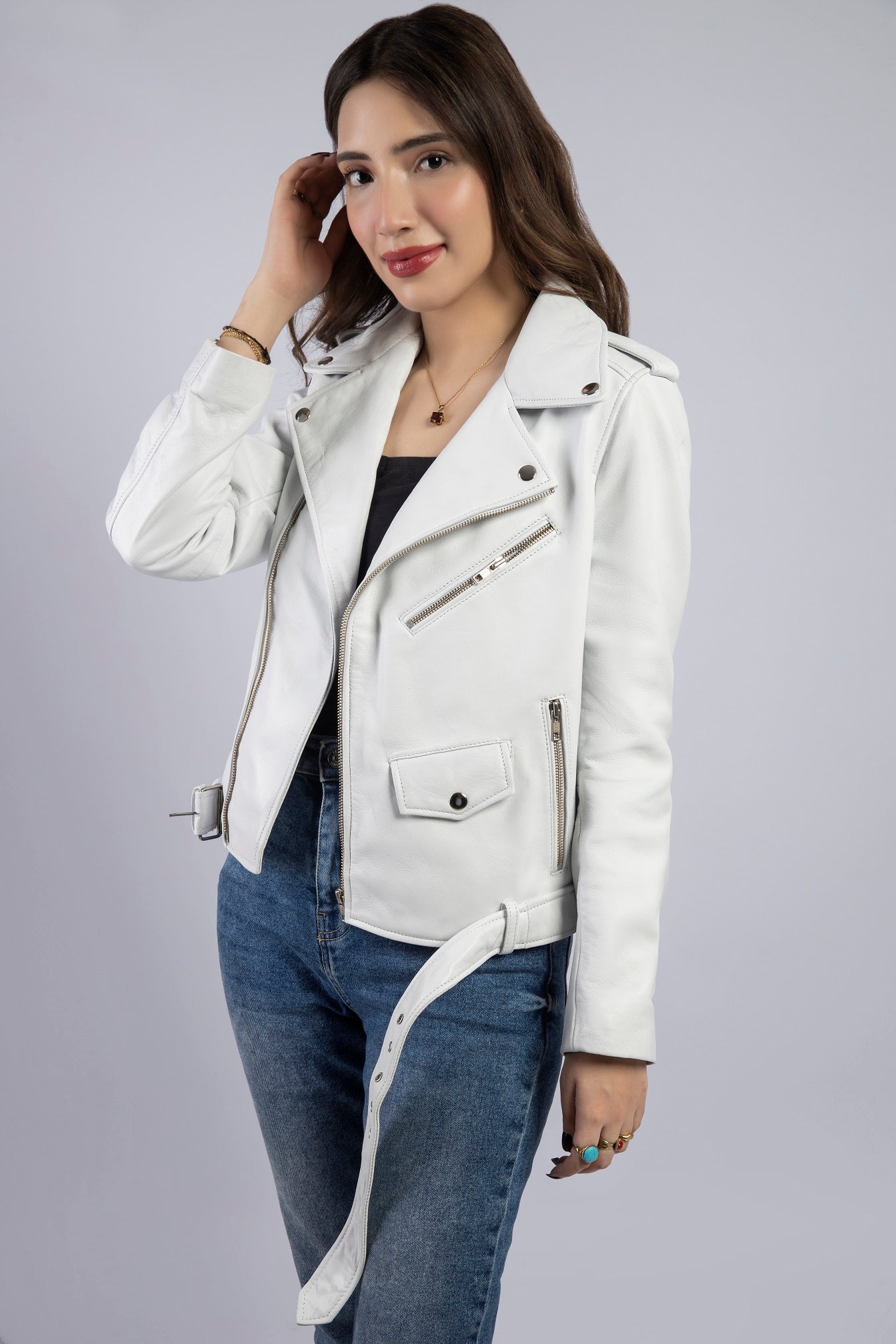 Womens Alyx Genuine Lambskin White Biker Leather Jacket