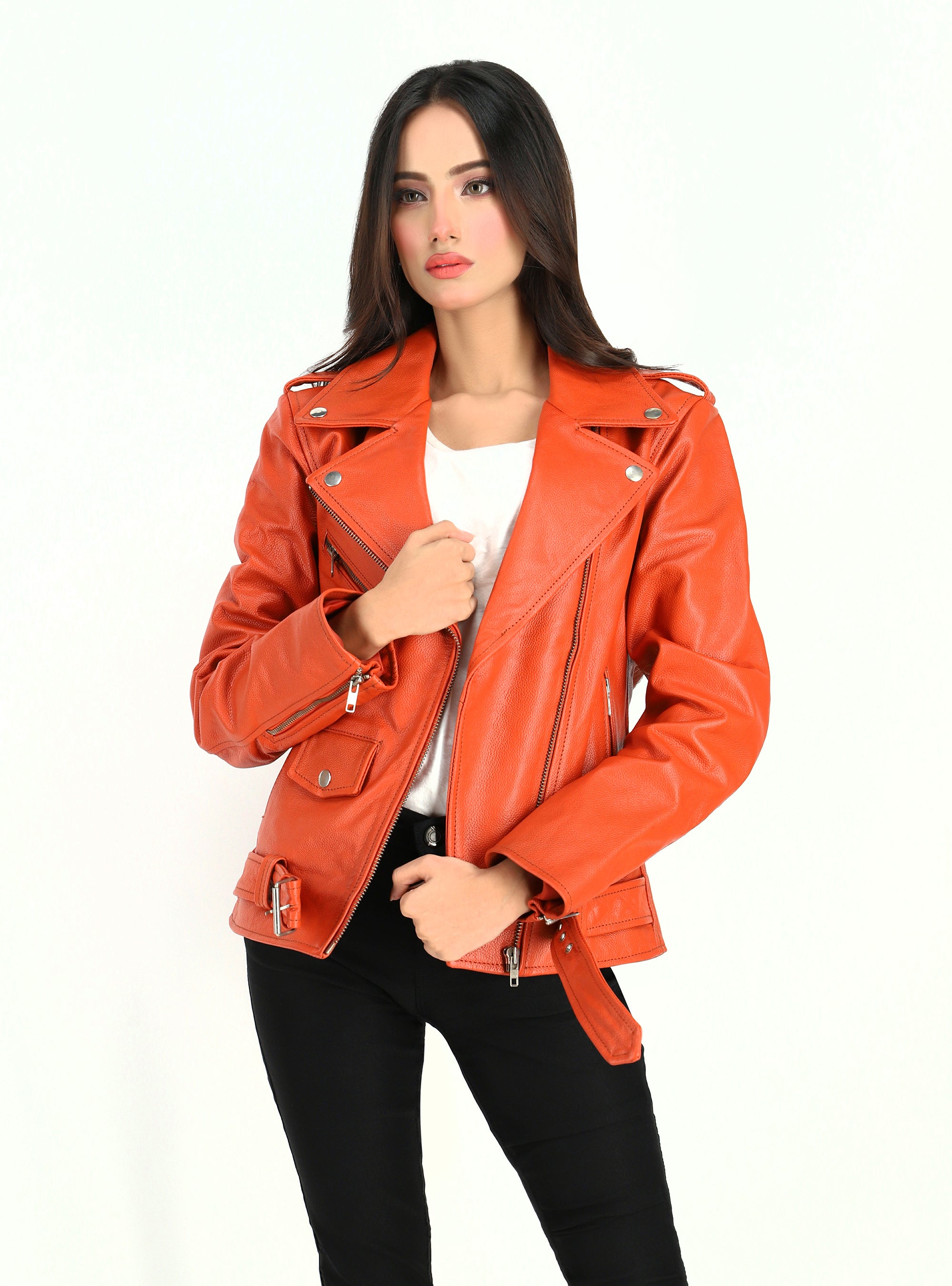 Women's Moto Style Cowhide Orange Leather Jacket