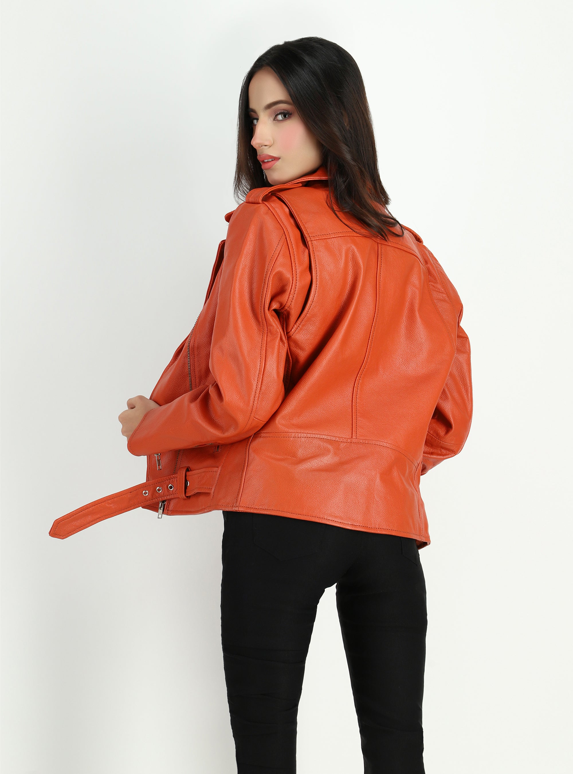Women's Moto Style Cowhide Orange Leather Jacket