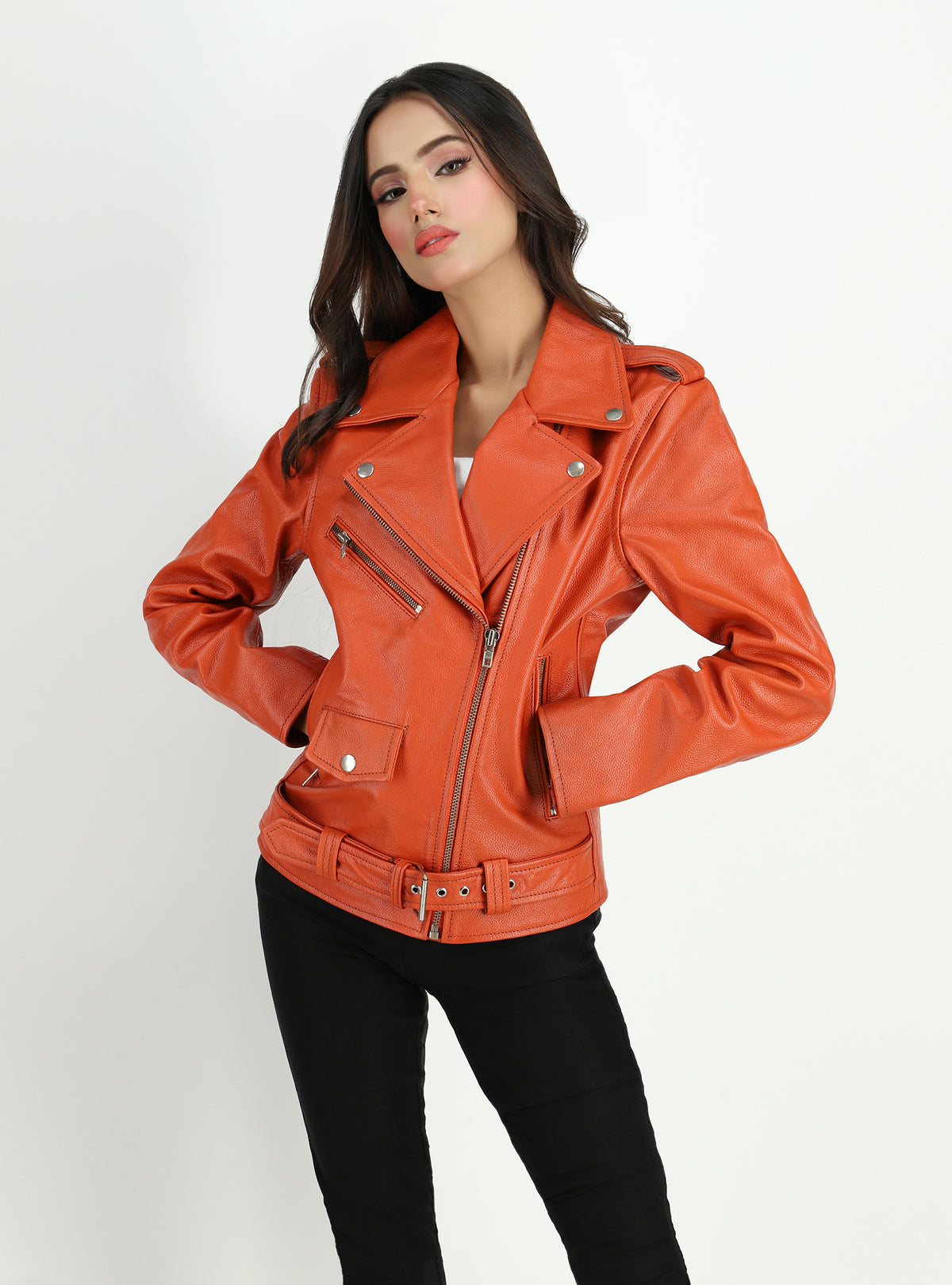 Women's Moto Style Cowhide Orange Leather Jacket