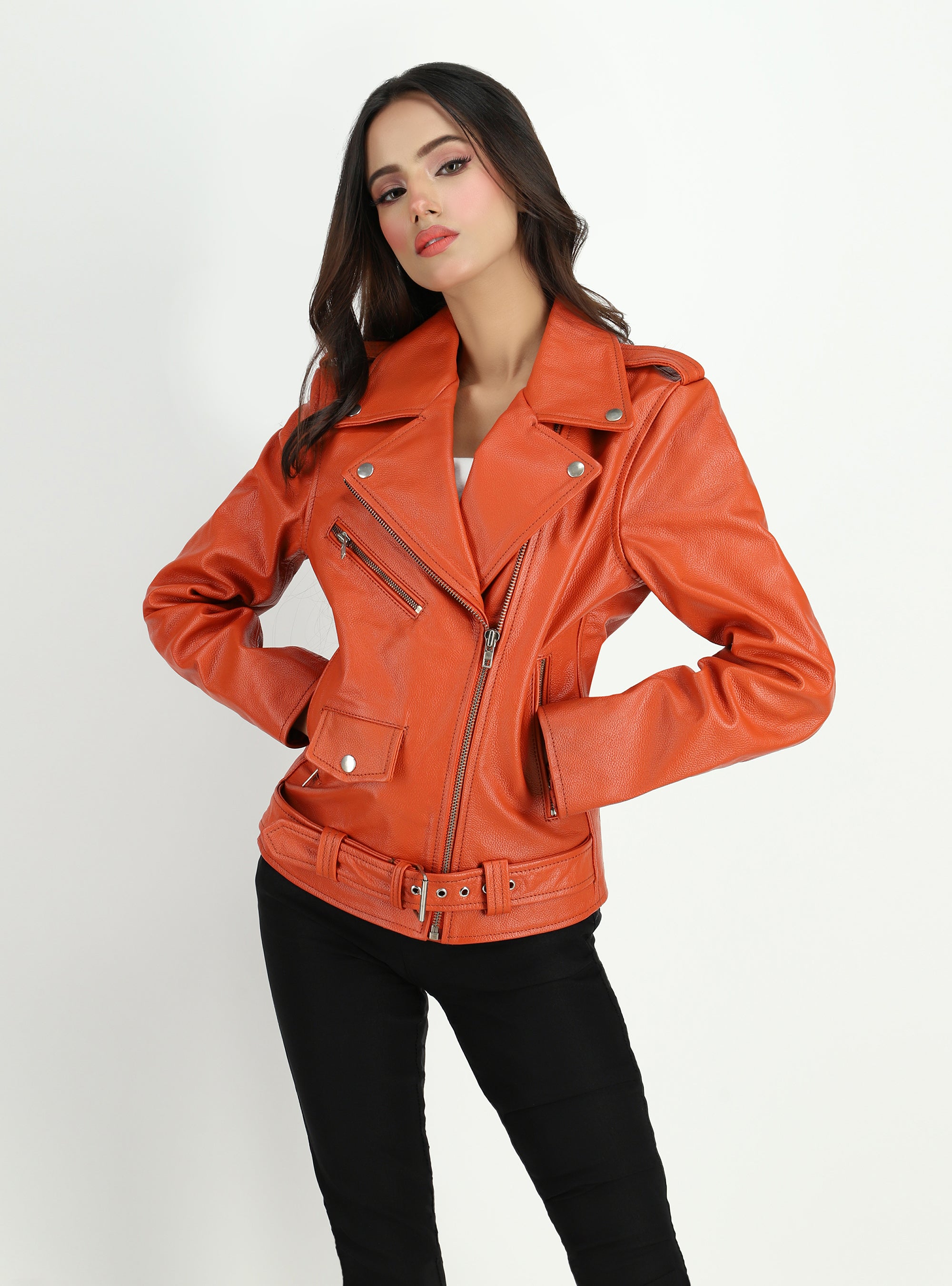 Women's Moto Style Cowhide Orange Leather Jacket