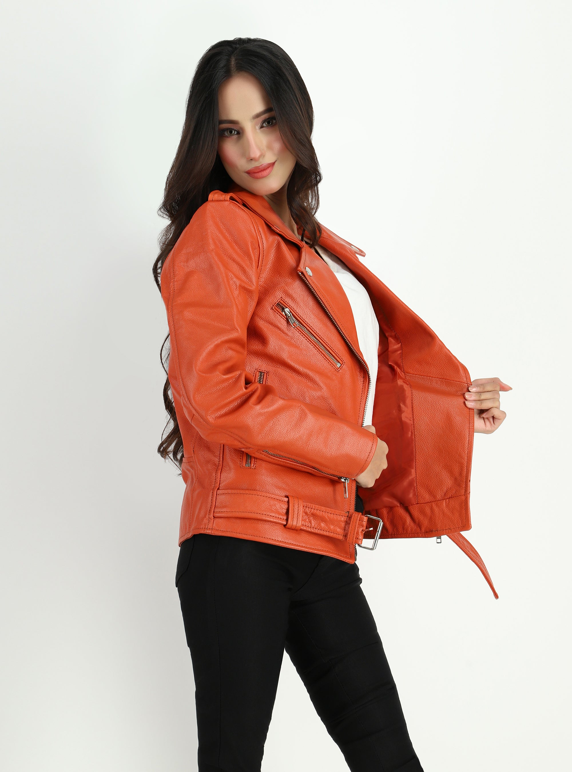 Women's Moto Style Cowhide Orange Leather Jacket