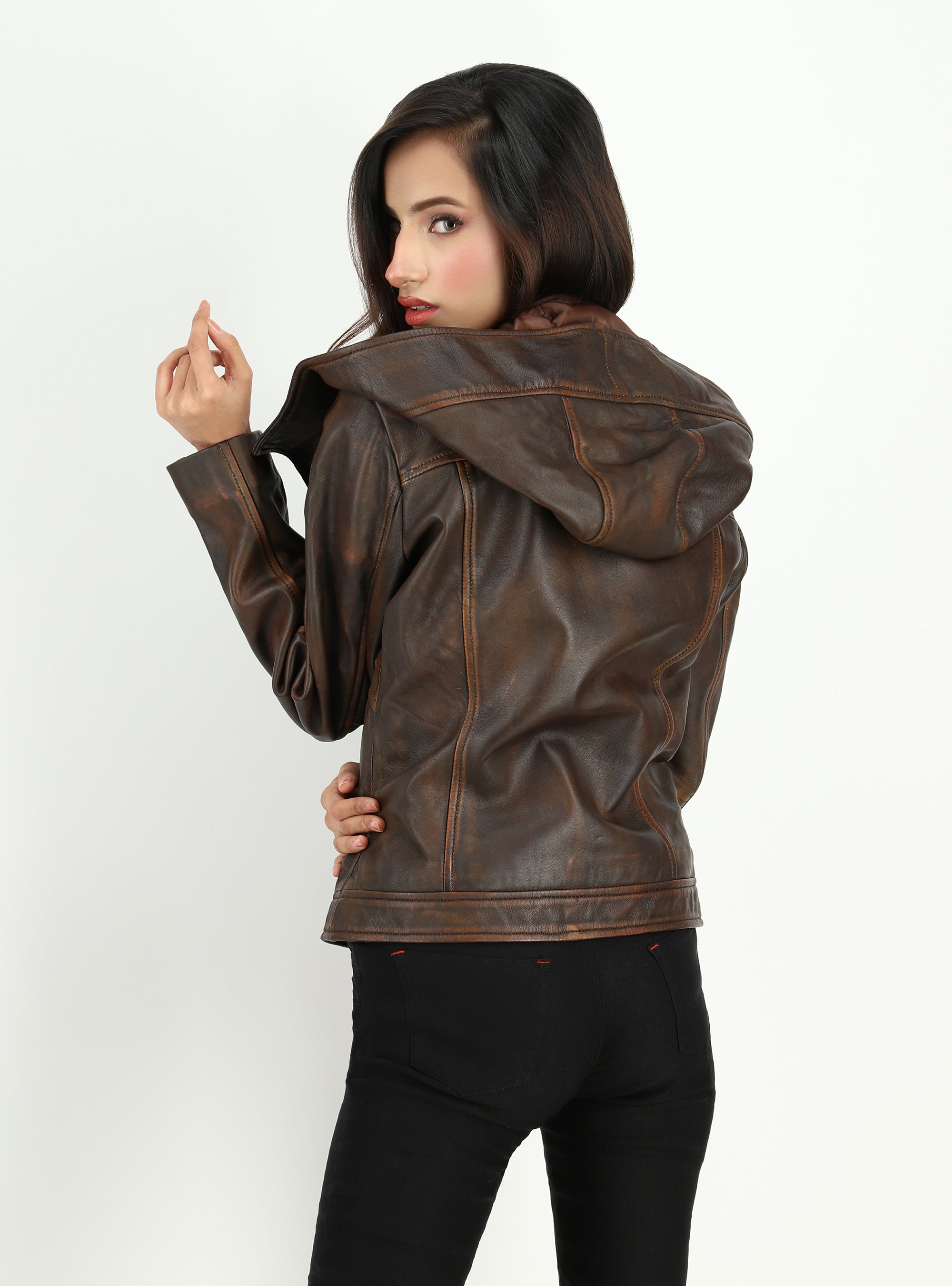 Womens Luna Dual Tone Rustic Hooded Leather Jacket