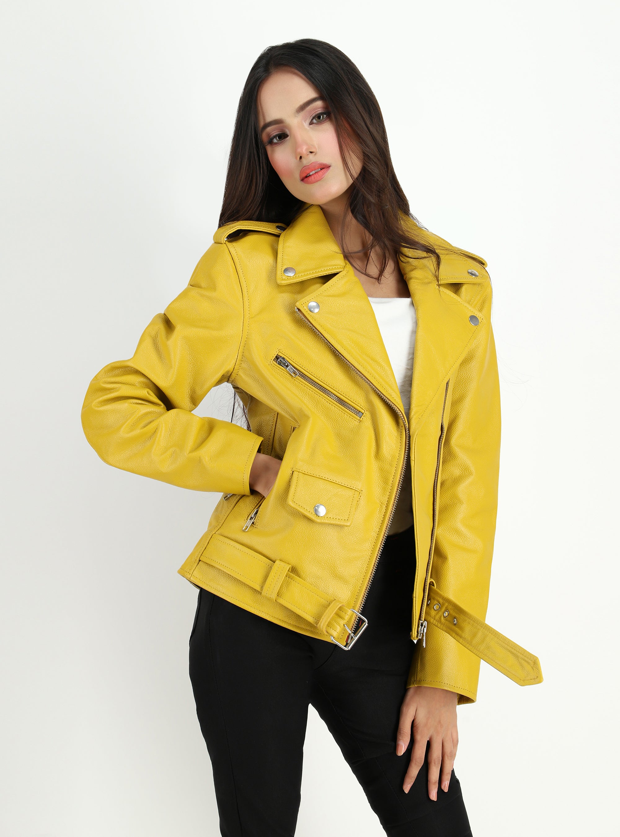 Women's Moto Style Cowhide Yellow Leather Jacket