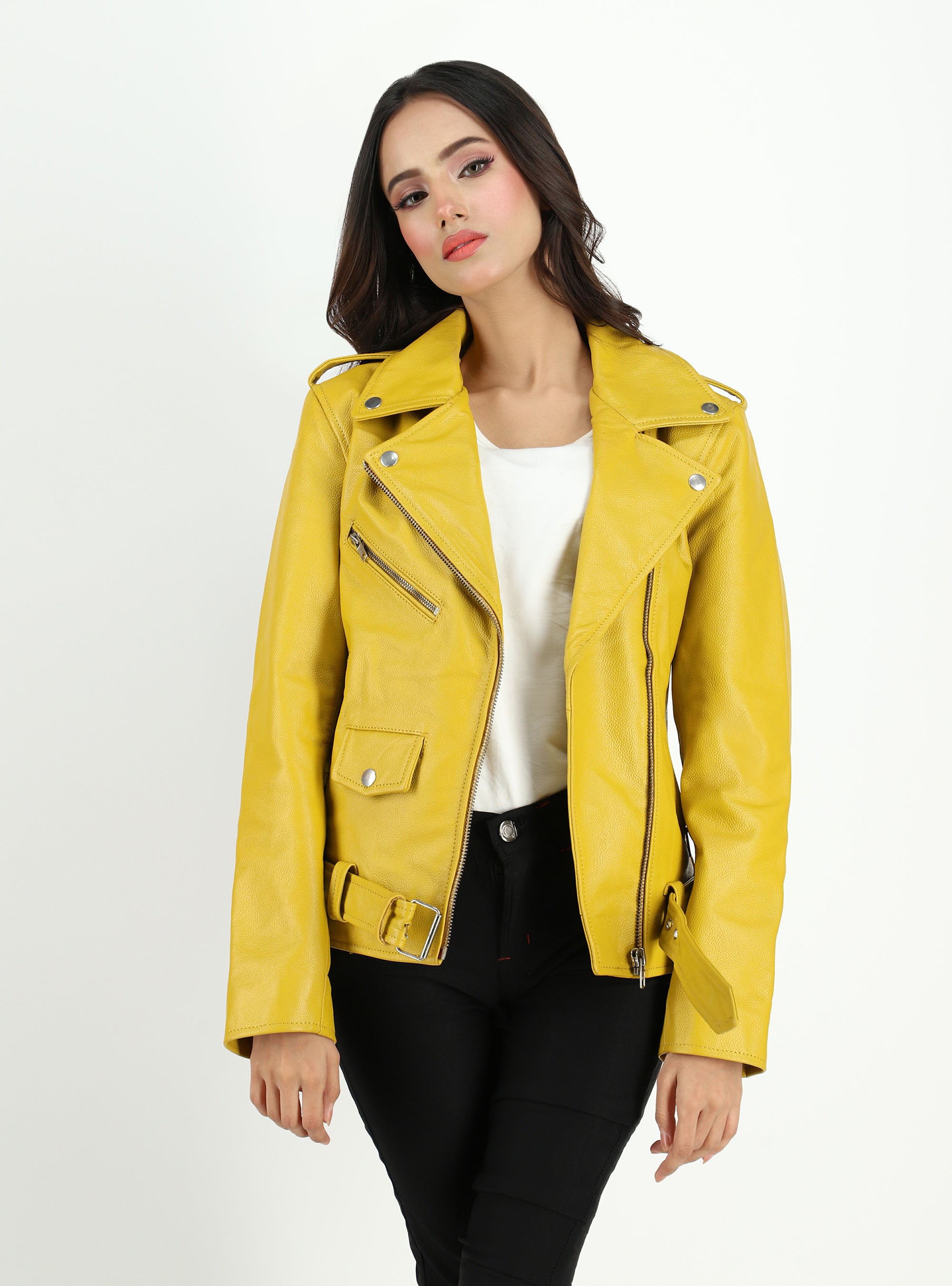 Women's Moto Style Cowhide Yellow Leather Jacket