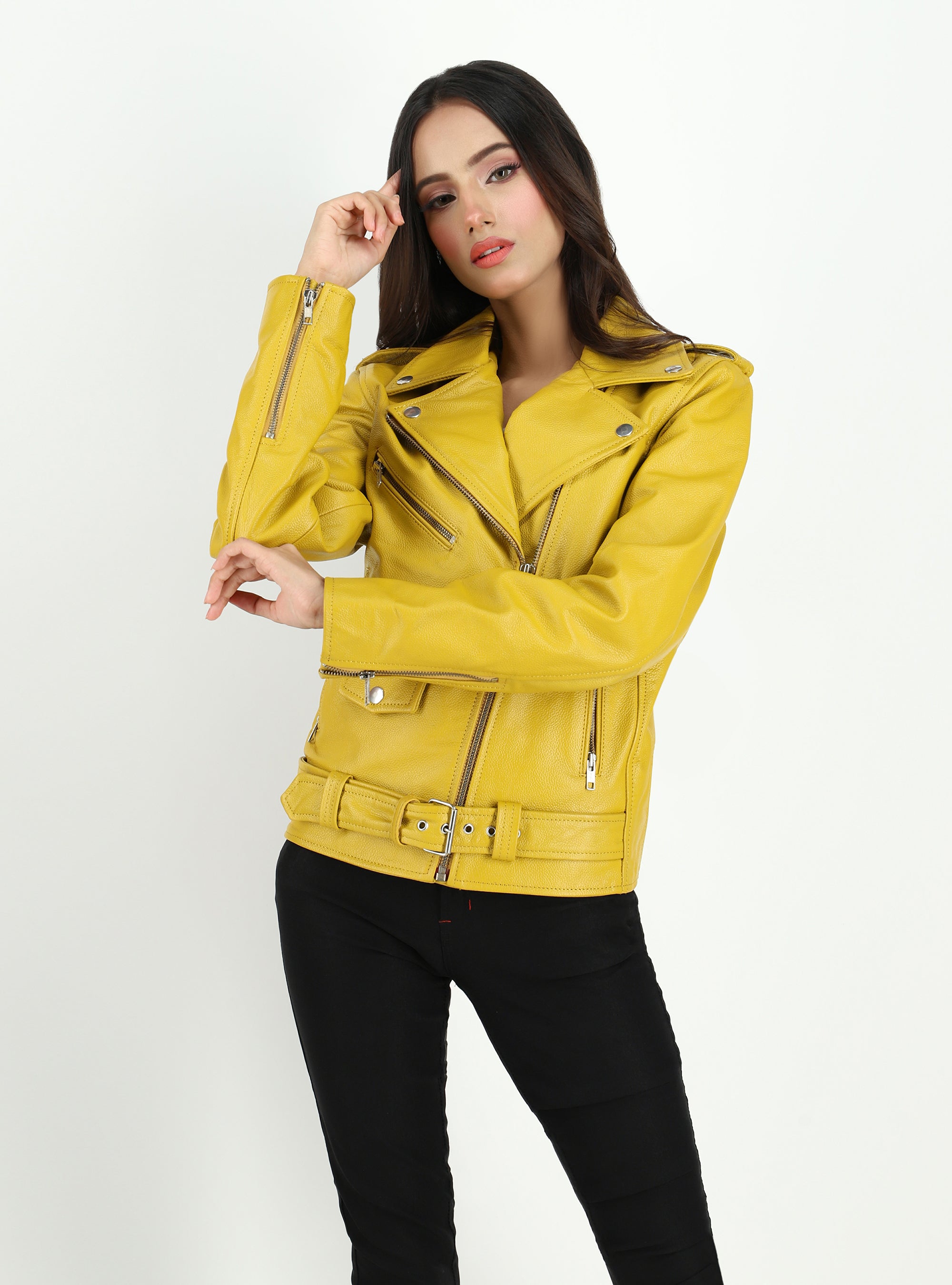Women's Moto Style Cowhide Yellow Leather Jacket