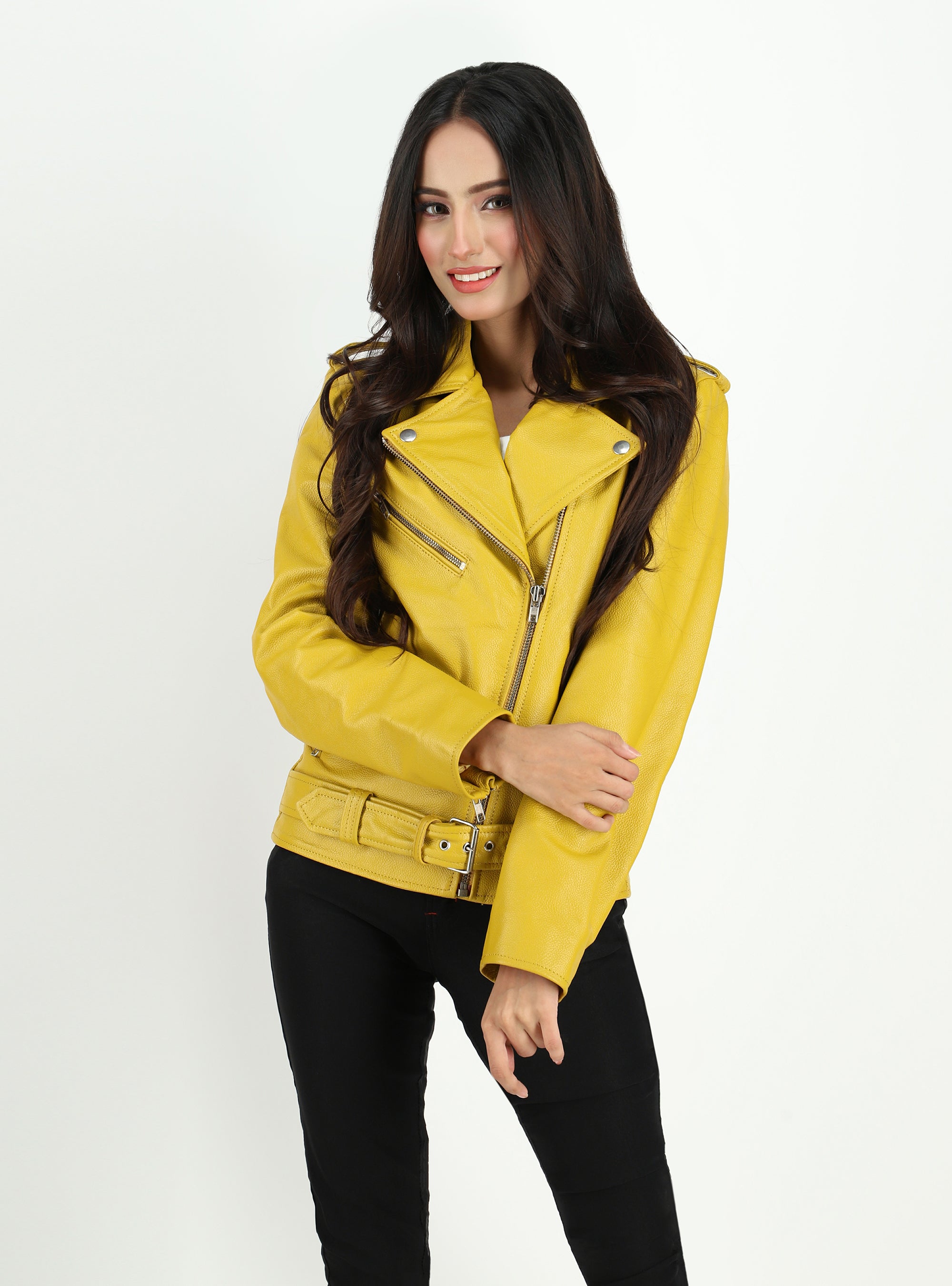 Women's Moto Style Cowhide Yellow Leather Jacket