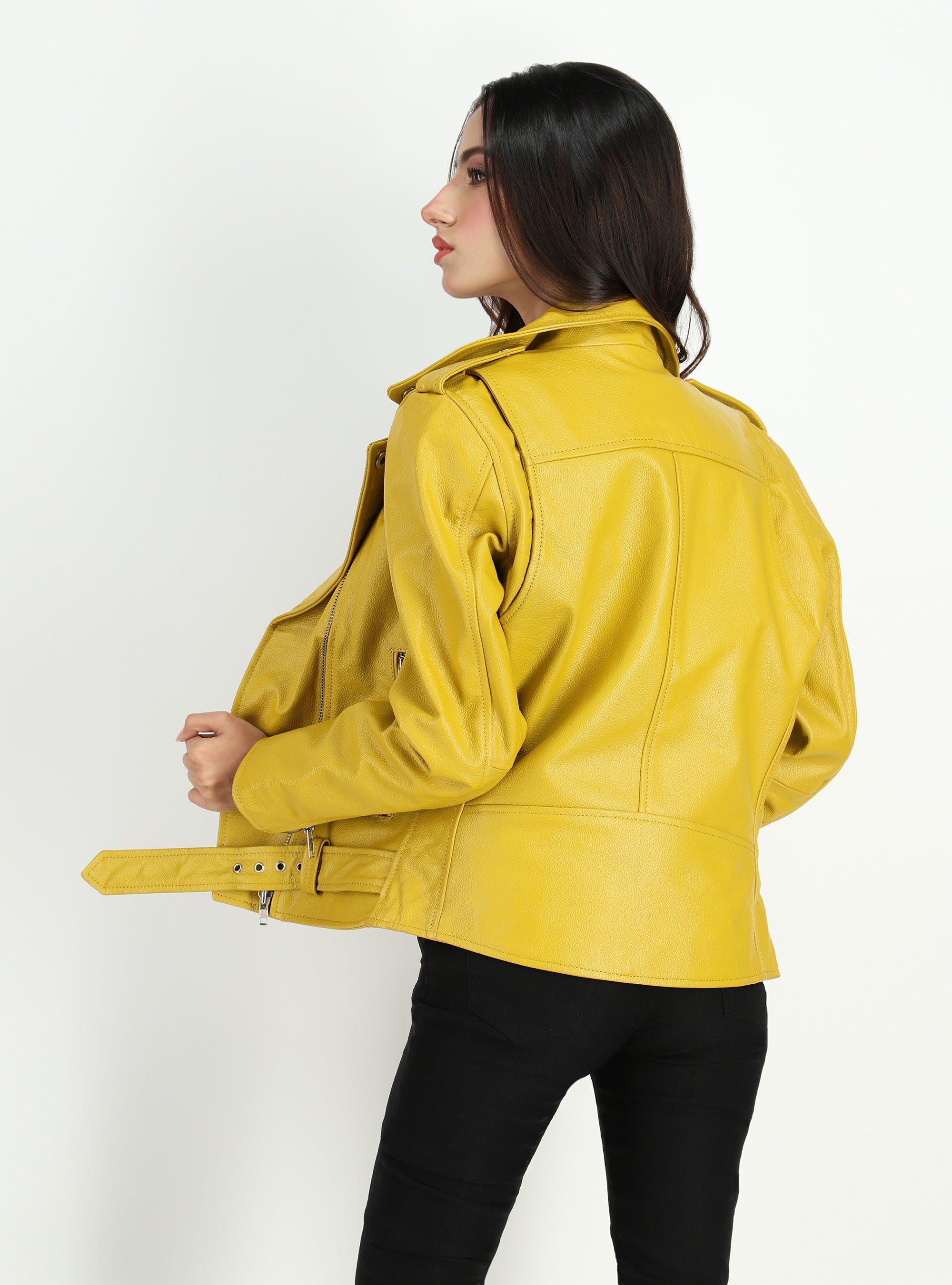 Women's Moto Style Cowhide Yellow Leather Jacket