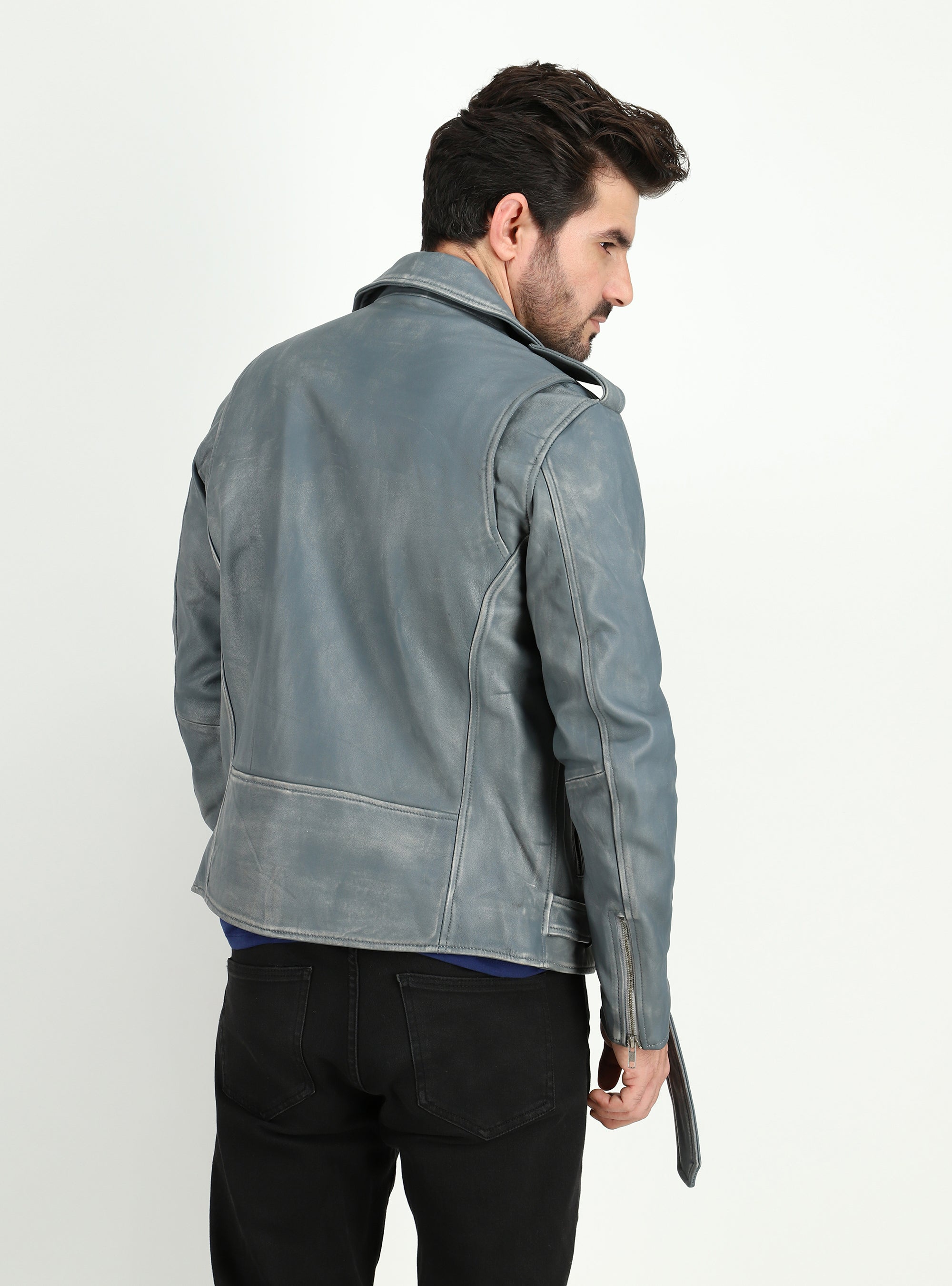Men's Cowhide Dual Tone Gray Motorcycle Style Leather Jacket