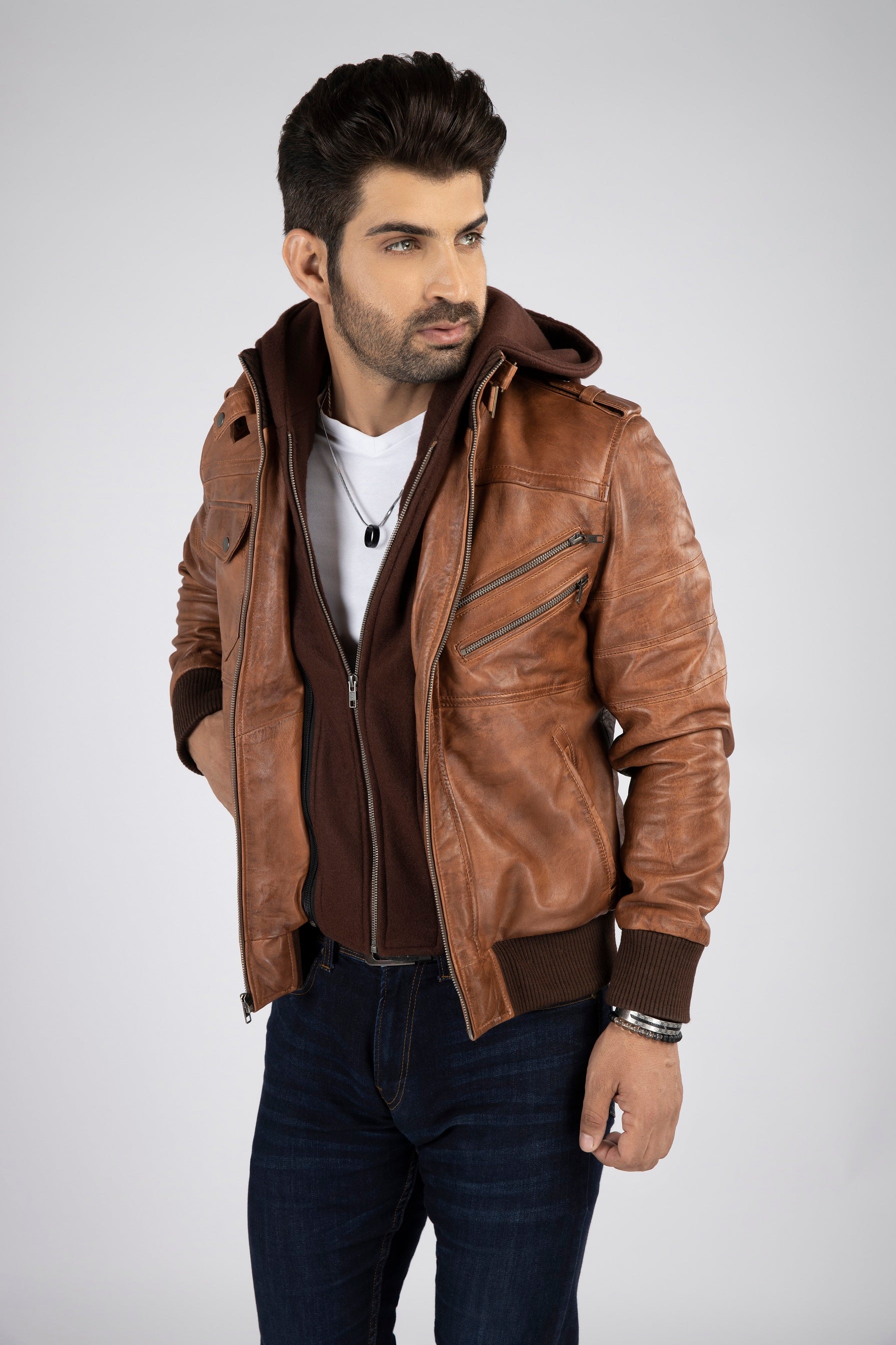 Mens Corey Genuine Lambskin Leather Distressed Hooded Bomber Jacket