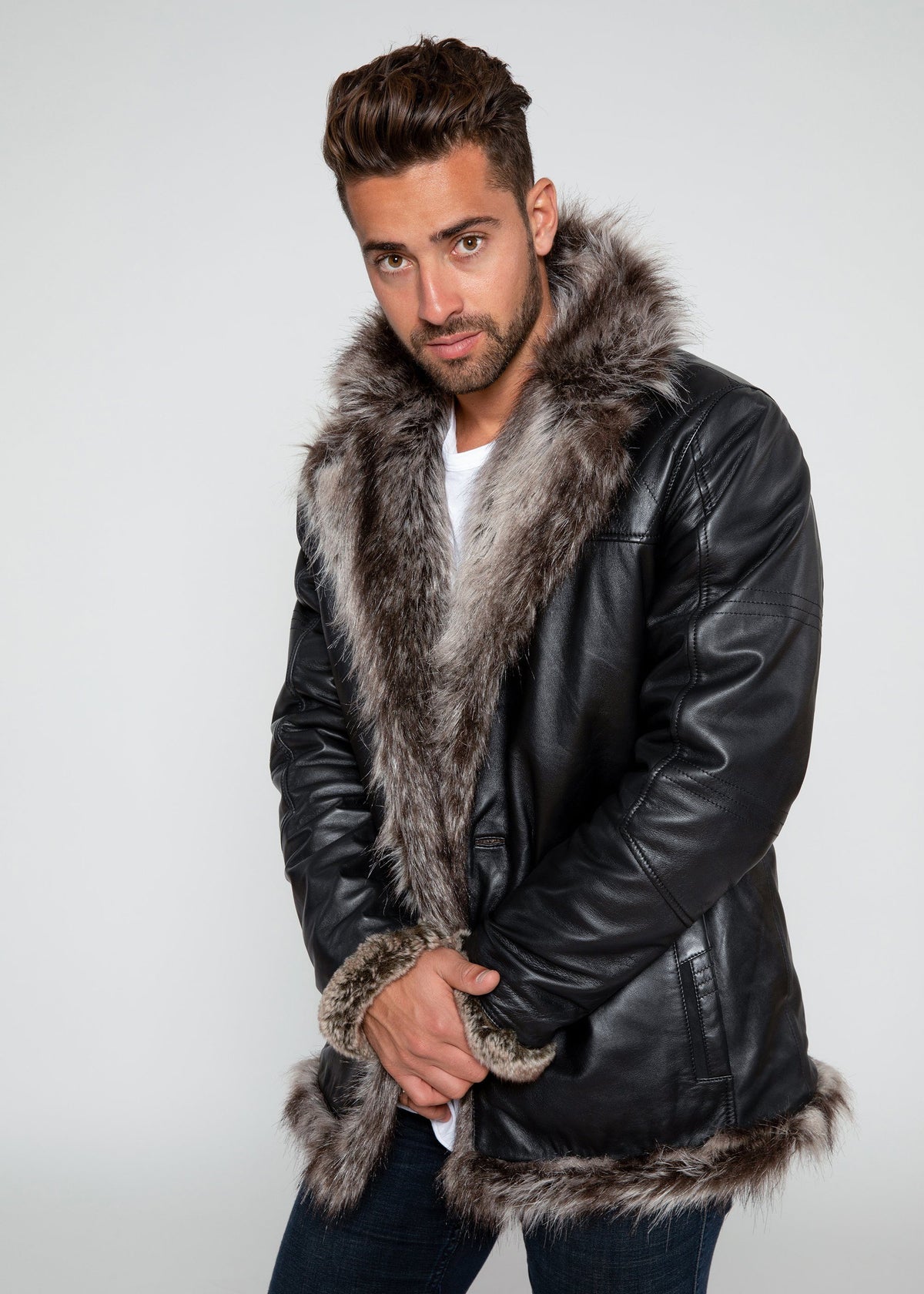 Leather Coat - Men's Jayden Shearling Faux Fur Leather Jacket