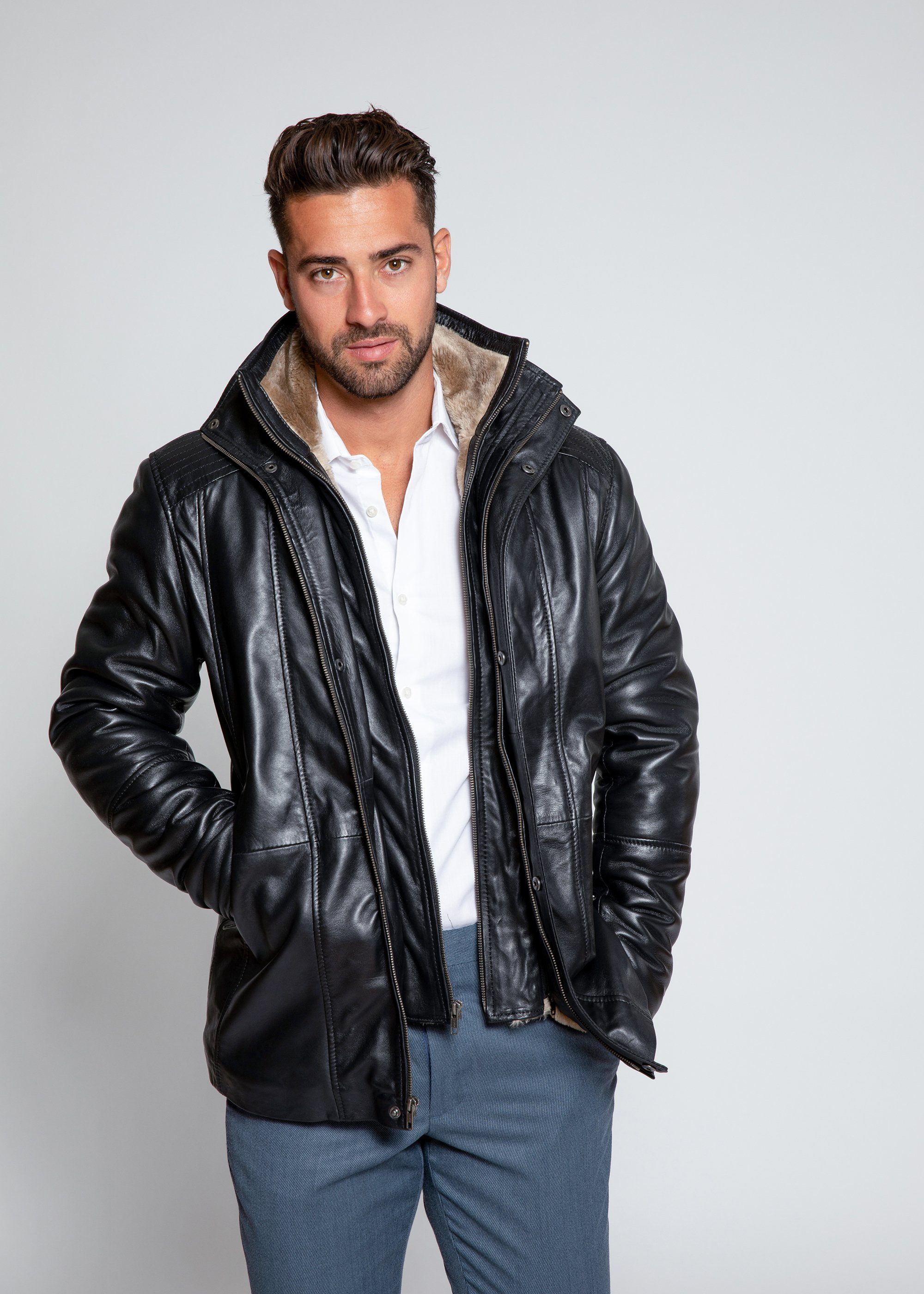 Leather Coat - Men's Tiberius Premium Lambskin Leather Coat With Fur