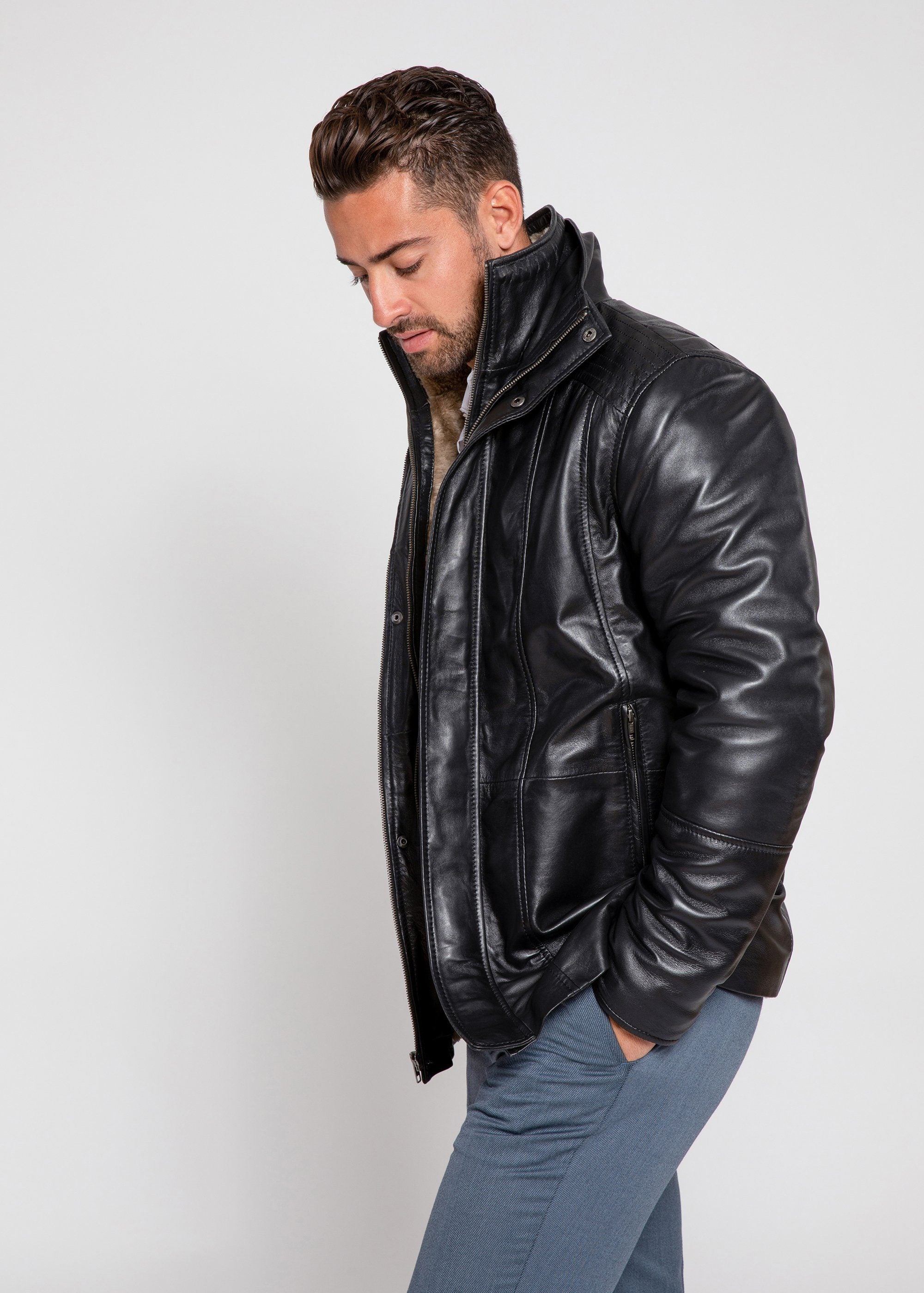 Leather Coat - Men's Tiberius Premium Lambskin Leather Coat With Fur