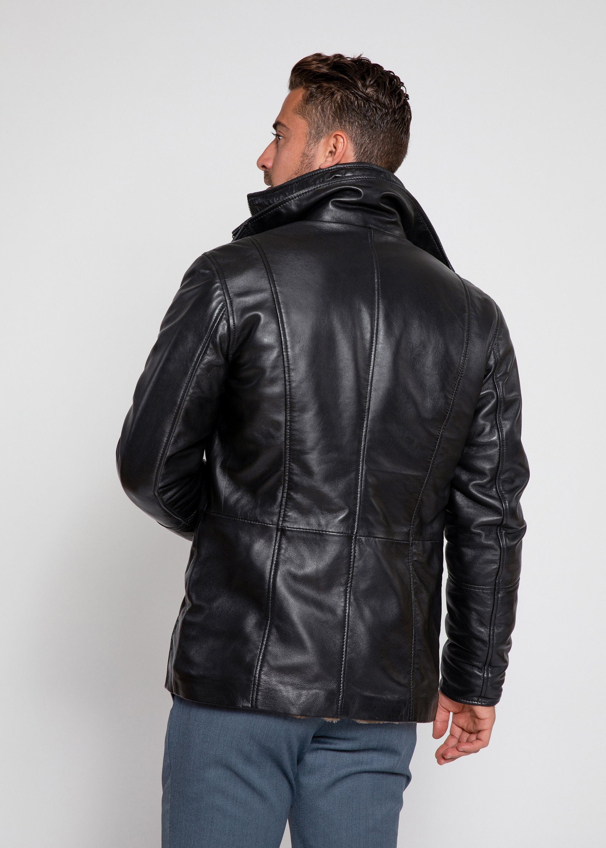 Leather Coat - Men's Tiberius Premium Lambskin Leather Coat With Fur