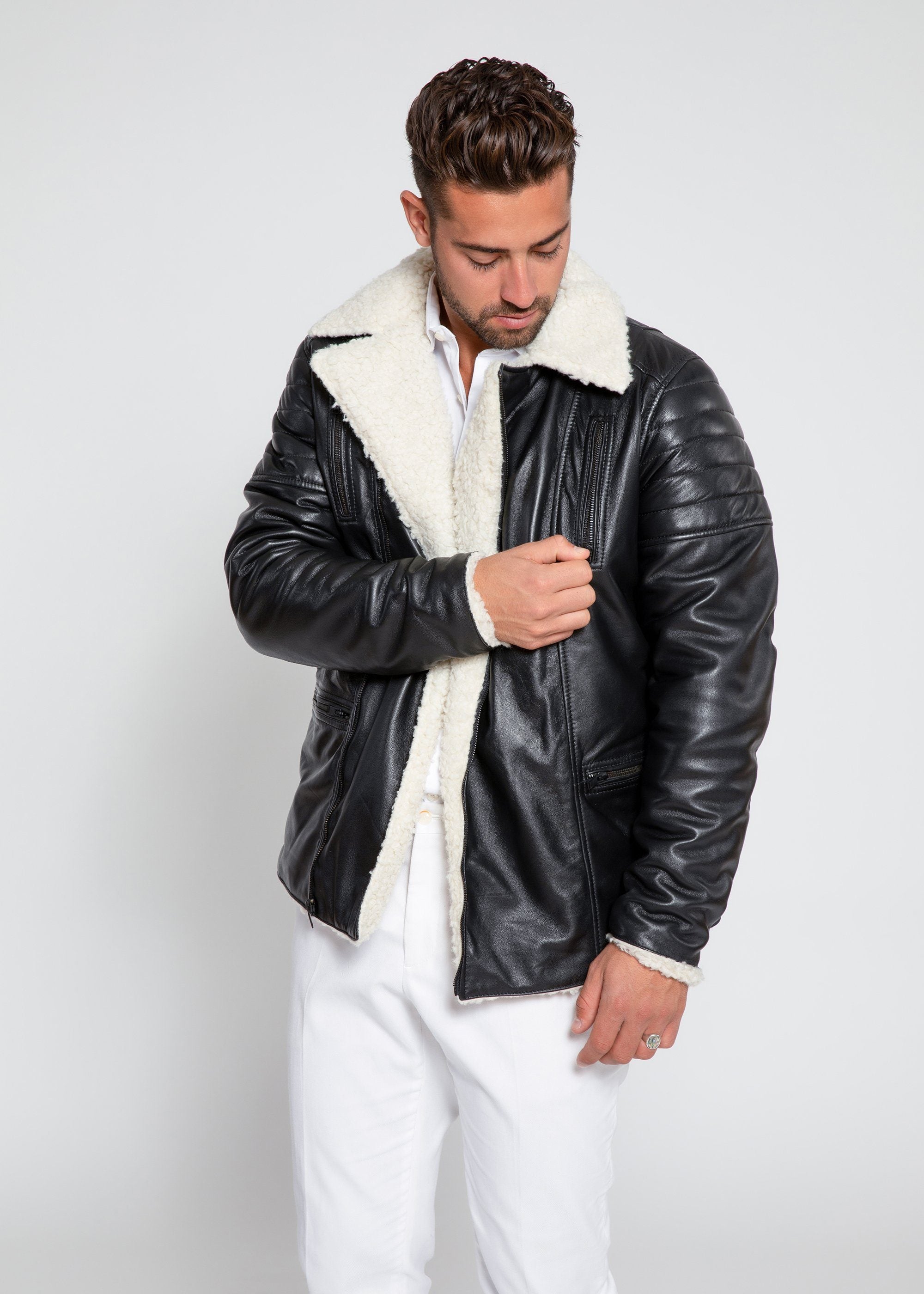 Leather Jacket - Men's Cosmo Shearling Curly Fur Leather Jacket