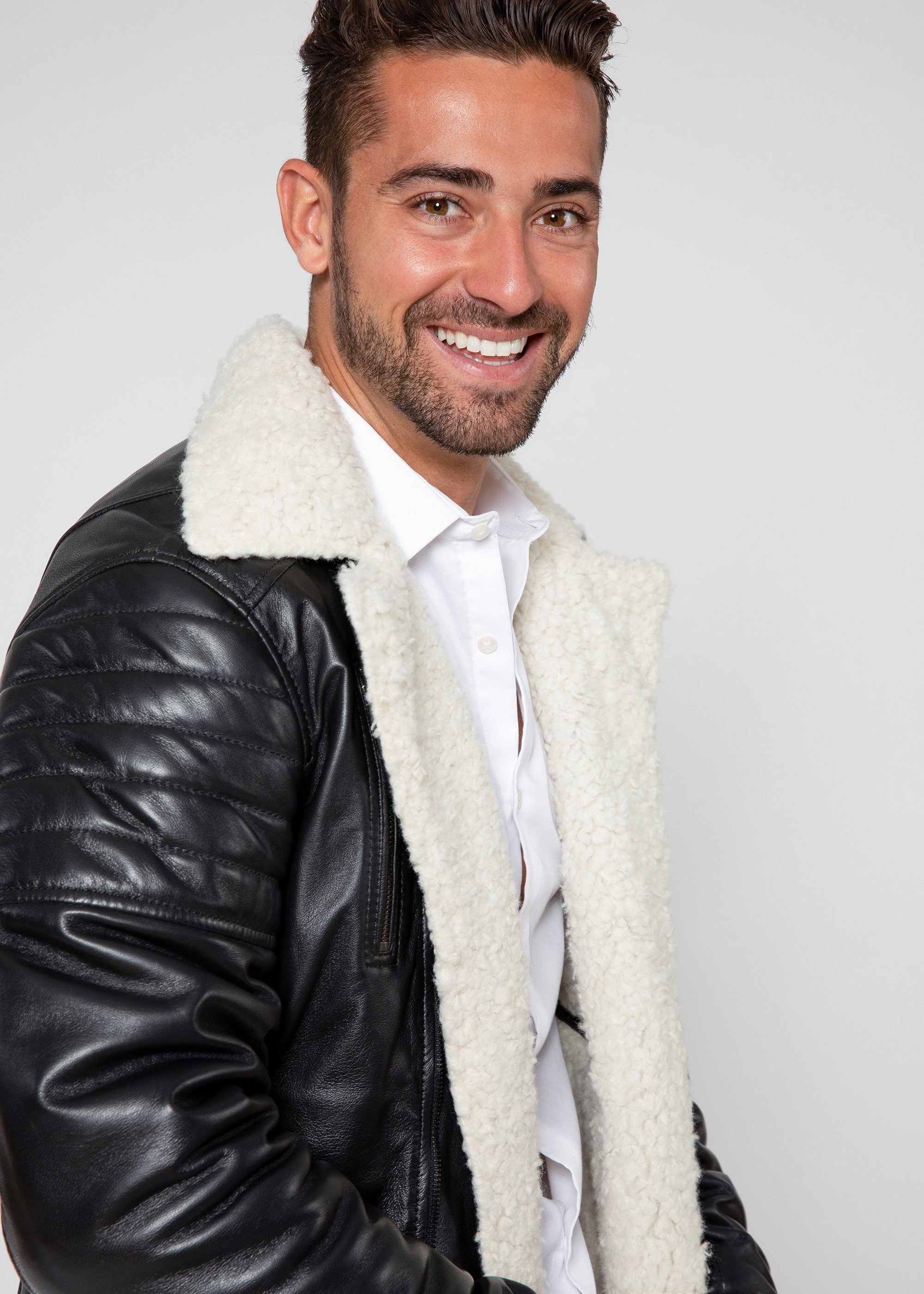 Leather Jacket - Men's Cosmo Shearling Curly Fur Leather Jacket