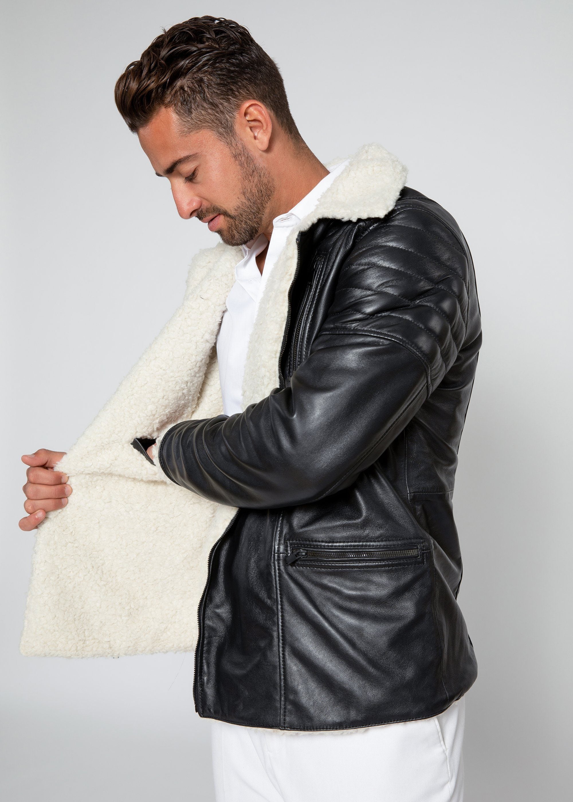 Leather Jacket - Men's Cosmo Shearling Curly Fur Leather Jacket