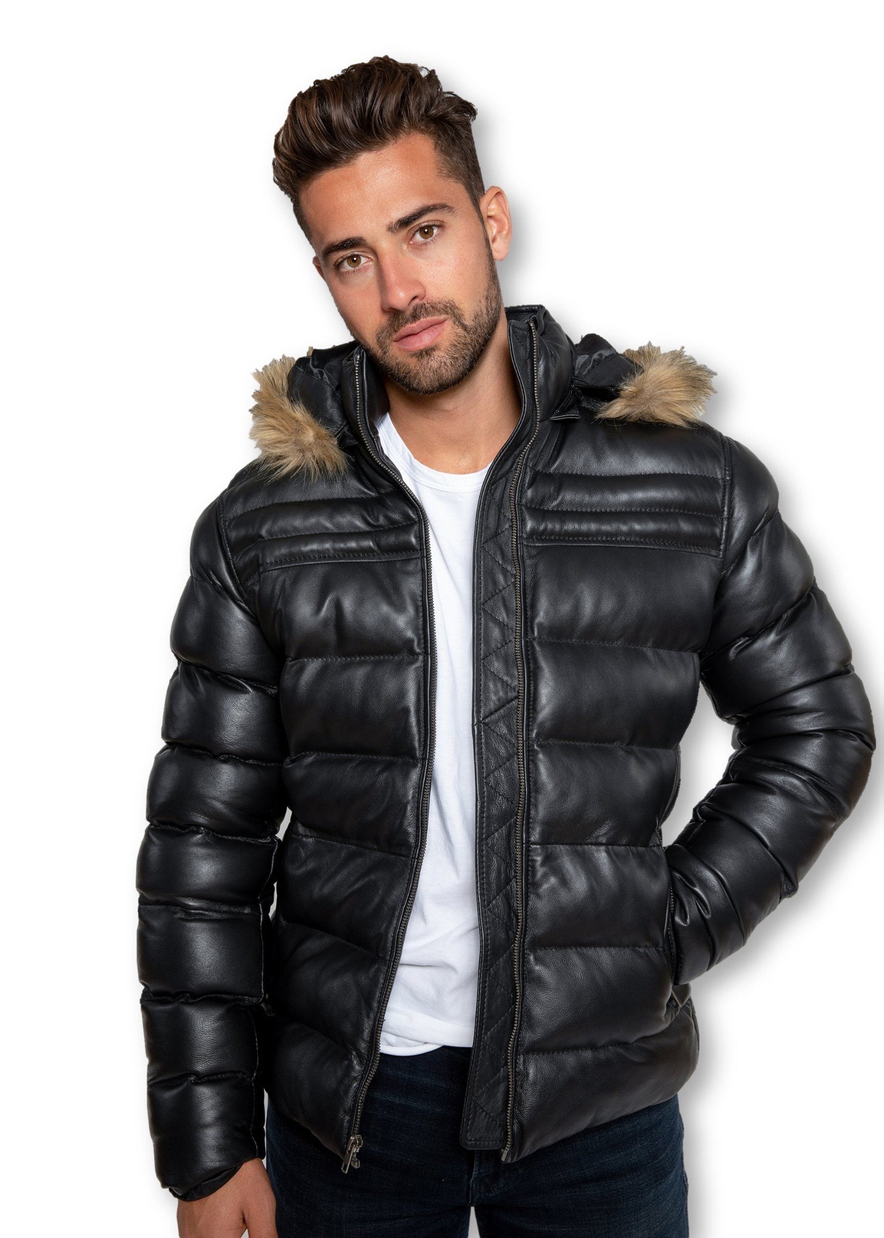 Leather Jacket - Men's Crimson Black Puffer Winter Down Leather Jacket With Fur