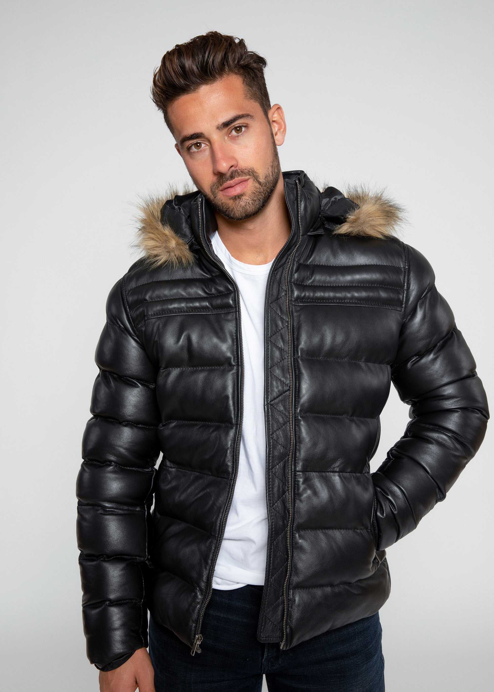 Leather Jacket - Men's Crimson Black Puffer Winter Down Leather Jacket With Fur