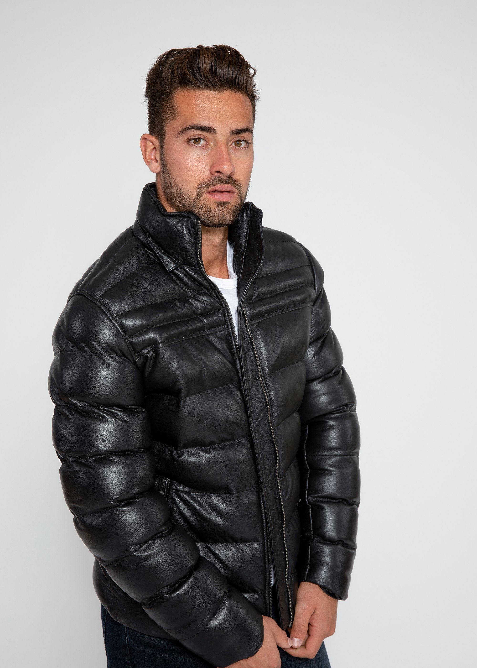 Leather Jacket - Men's Crimson Black Puffer Winter Down Leather Jacket With Fur