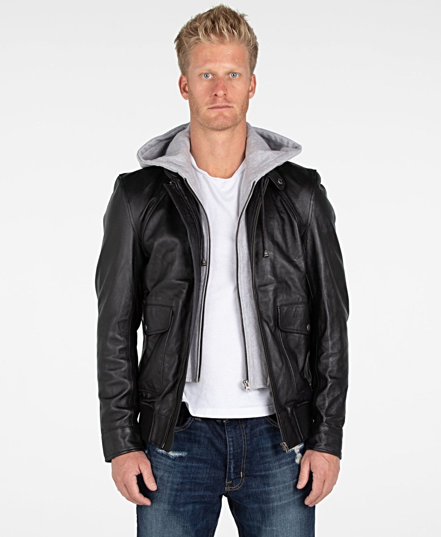 Leather Jacket - Men's Lambskin Hooded Leather Bomber Jacket - Clearance