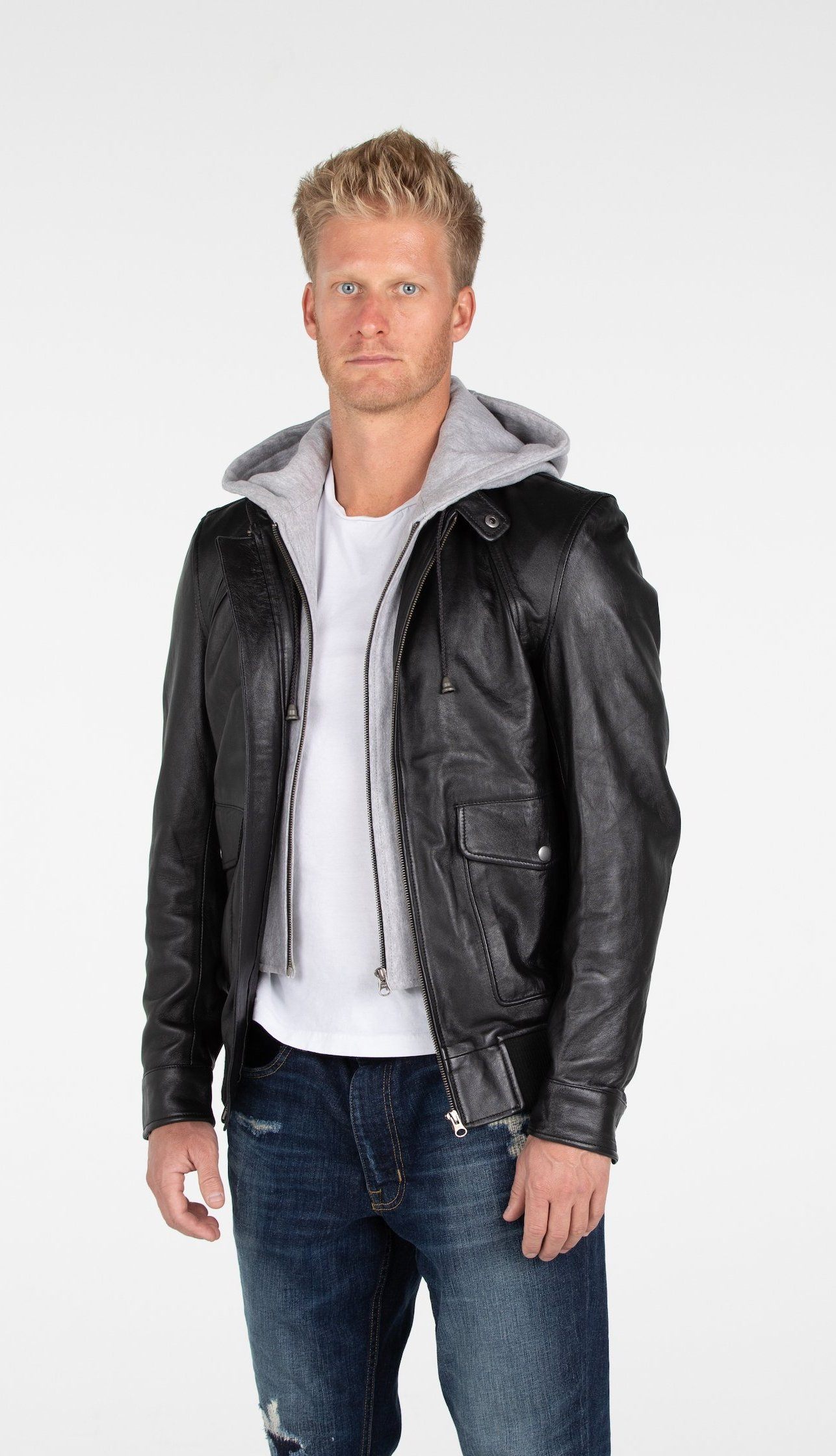 Leather Jacket - Men's Lambskin Hooded Leather Bomber Jacket - Clearance