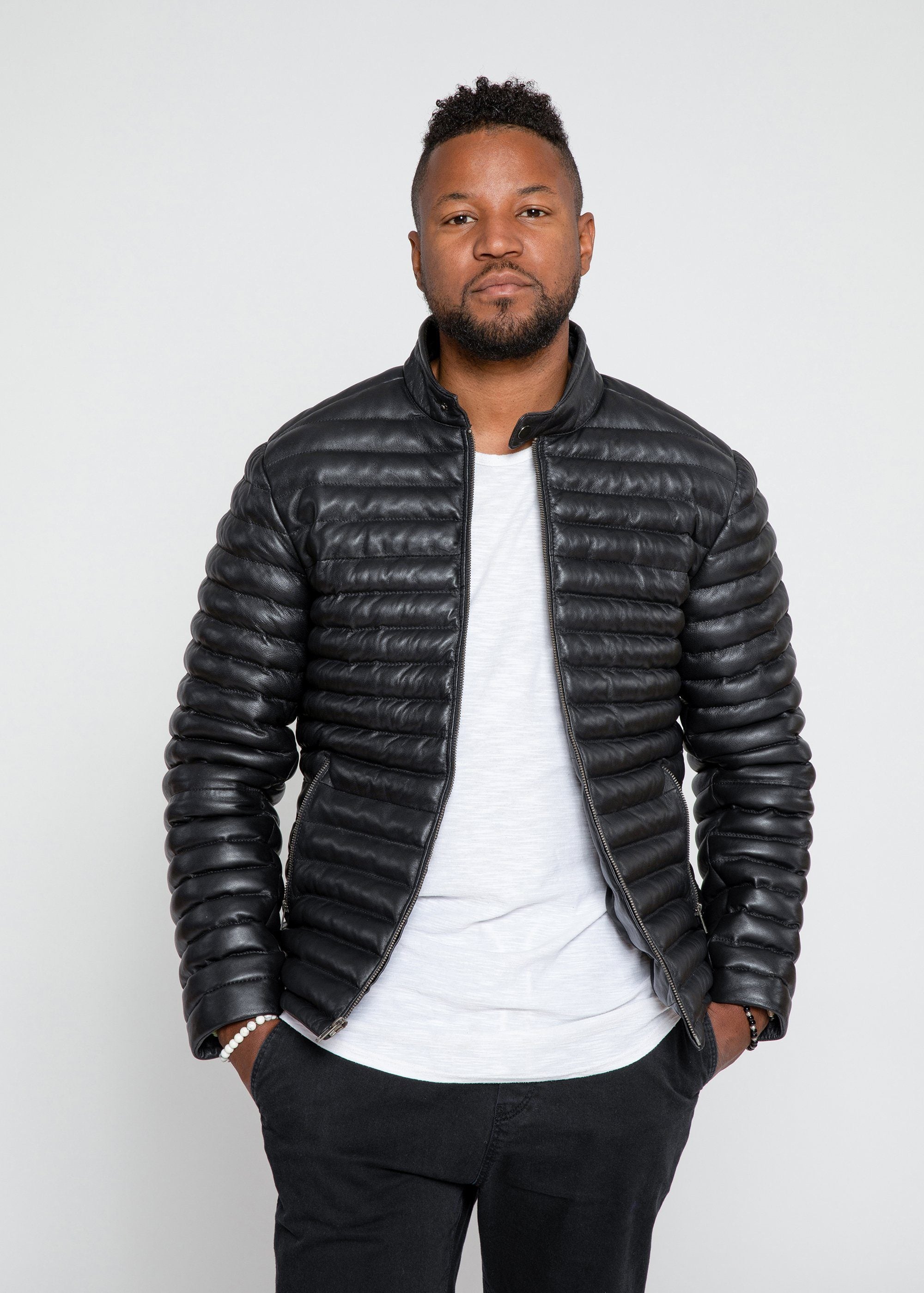 Leather Jacket - Men's Ultima Puffer Black Down Leather Jacket