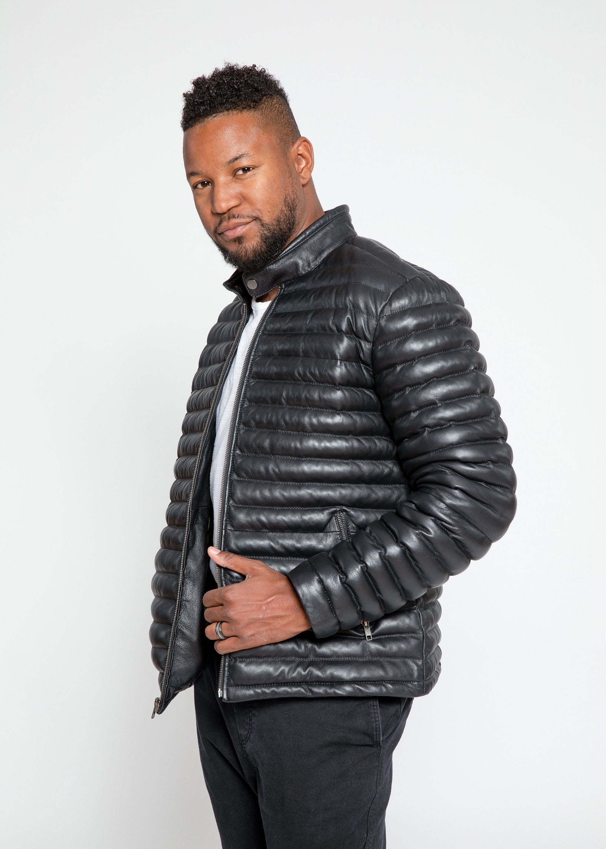Leather Jacket - Men's Ultima Puffer Black Down Leather Jacket