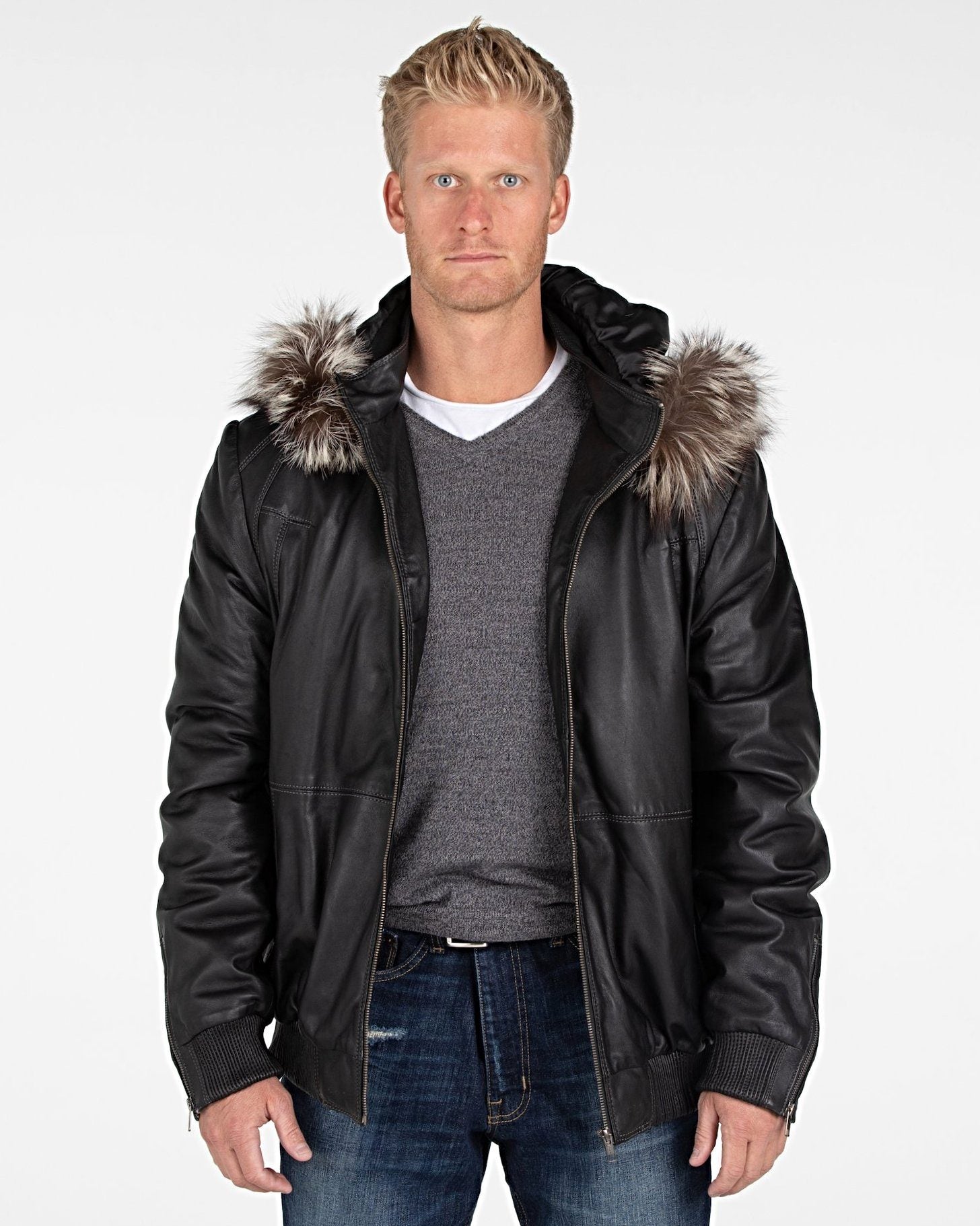 Leather Jacket - Mens Silver Fox Look Fur Hooded Leather Jacket - Clearance