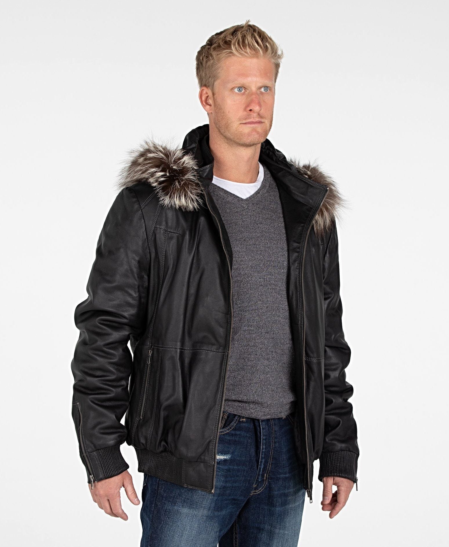 Leather Jacket - Mens Silver Fox Look Fur Hooded Leather Jacket - Clearance