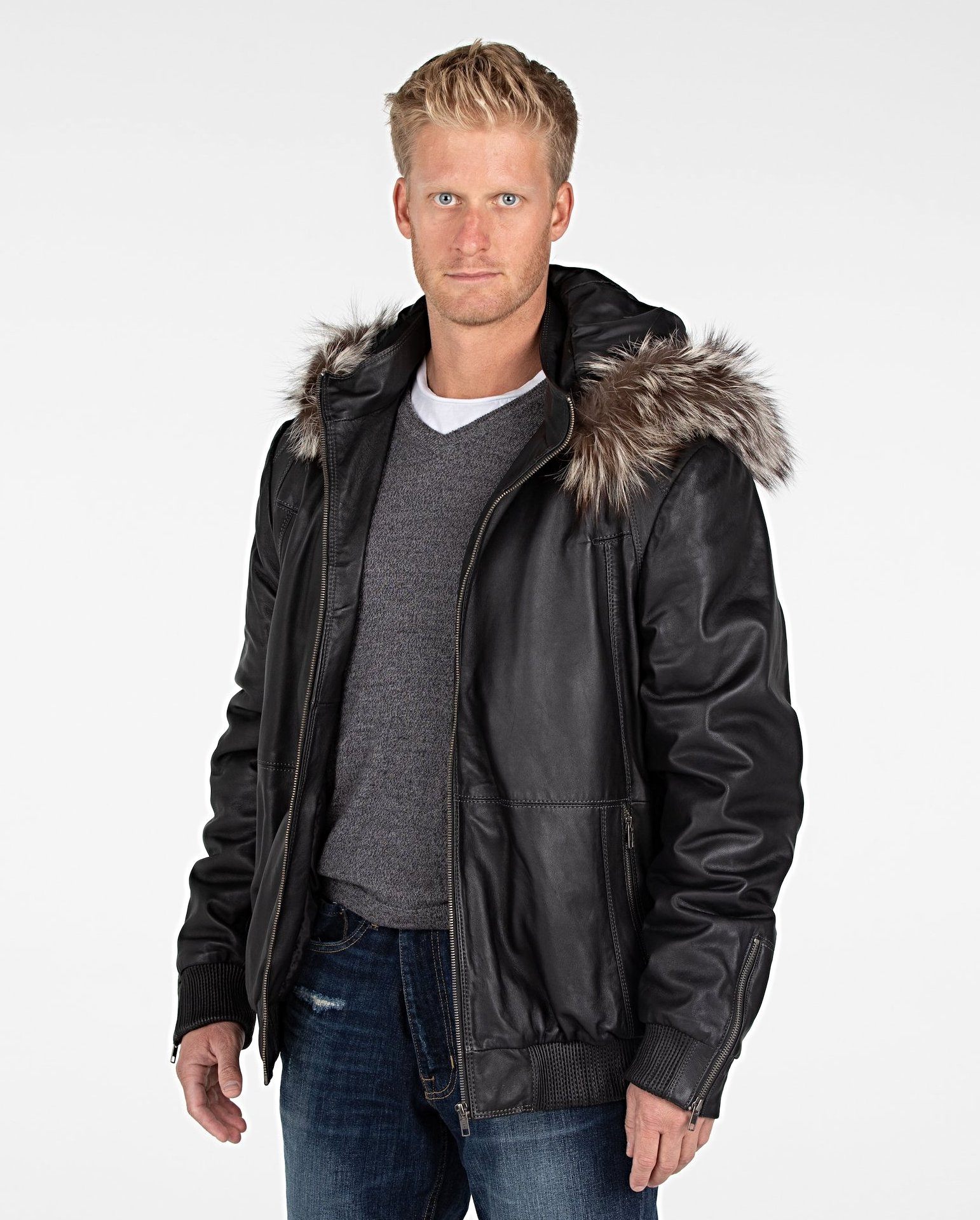 Leather Jacket - Mens Silver Fox Look Fur Hooded Leather Jacket - Clearance